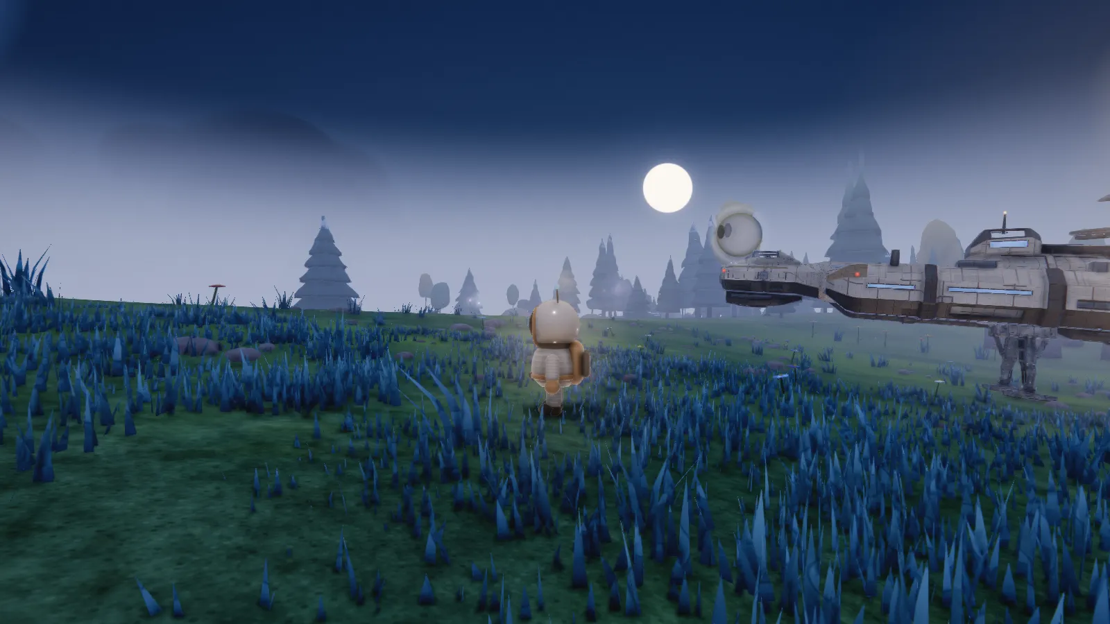 A frame from SoulVerse: a home planet at night. The explorer and TinySoul, a small glowing guide, stand in blue grass, with the ship landed nearby and the Moon above the pines.