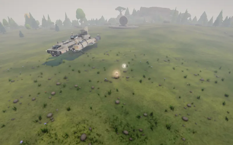 The ship landed on a friend’s planet, in a wide meadow under a pale sky.