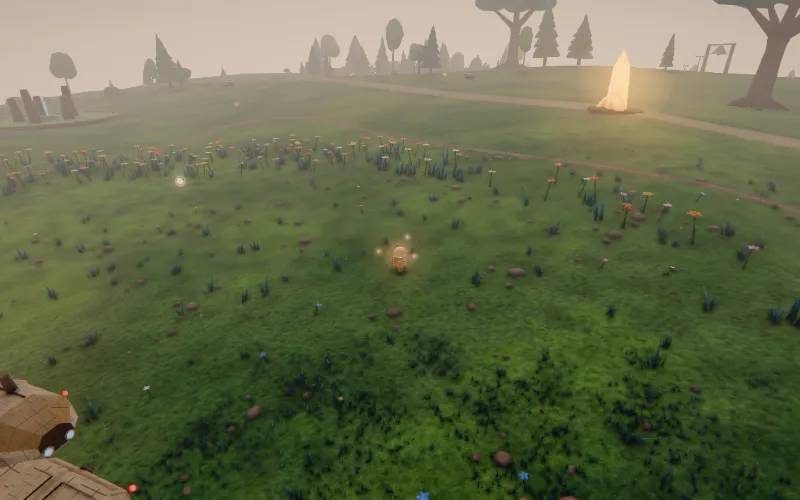 A wide view over a green home planet: a land’s flame lit on a rise, with paths and trees around it.