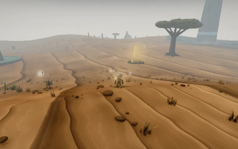 A desert home planet in daylight: rippled sand, a lone flat-topped tree and the Oracle’s ring of water.