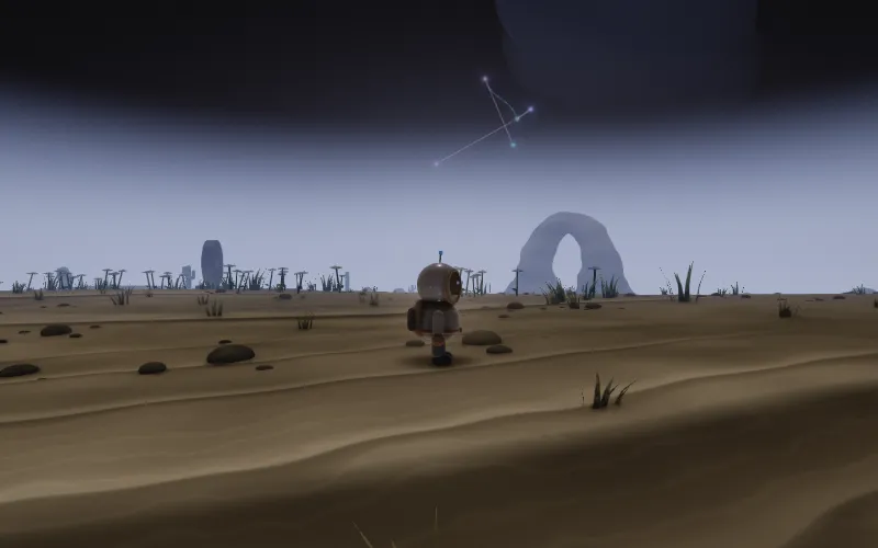 A constellation’s lines drawn in the evening sky over a desert planet, above a stone arch.