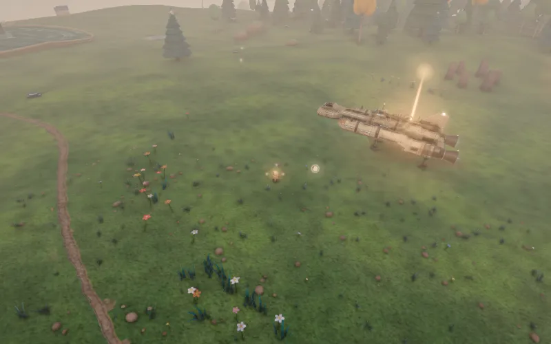 Small sparks of light in the grass beside a path, with the ship landed beyond.