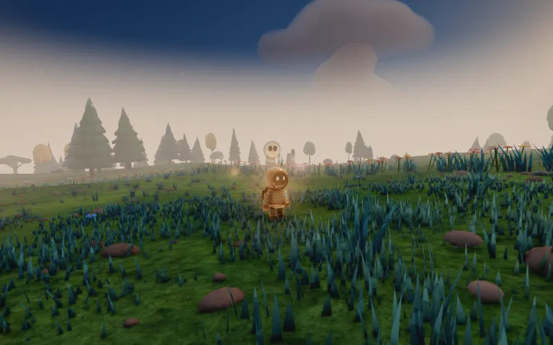 The explorer in blue grass with TinySoul, a small glowing guide, beside them, under a deep blue sky.